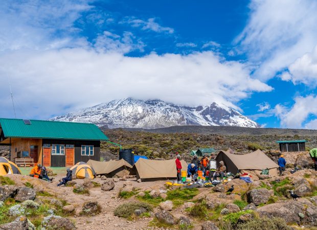 Camping on mount Kilimanjaro in tents to see the glaciers in Tanzania, Africa Orange tents on the way to Uhuru Peak.